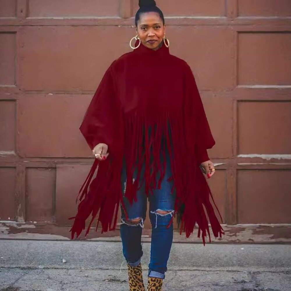 Wine Plus Size Fringe Poncho Coat | High Neck Batwing Cape